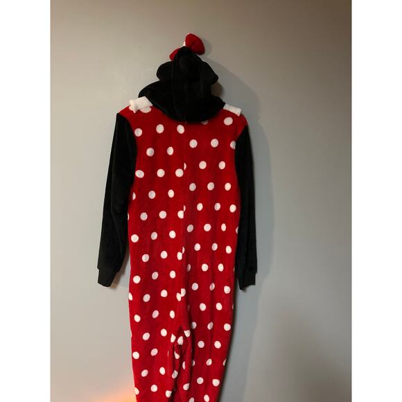 Disney Minnie Mouse Fleece Onesie Pajamas Women’s XL Red Polka Dot Hooded - Picture 4 of 7